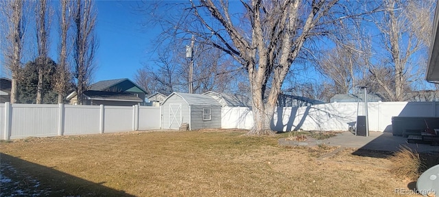 view of yard with a patio area and a storage shed