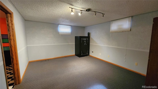 basement with carpet and a textured ceiling