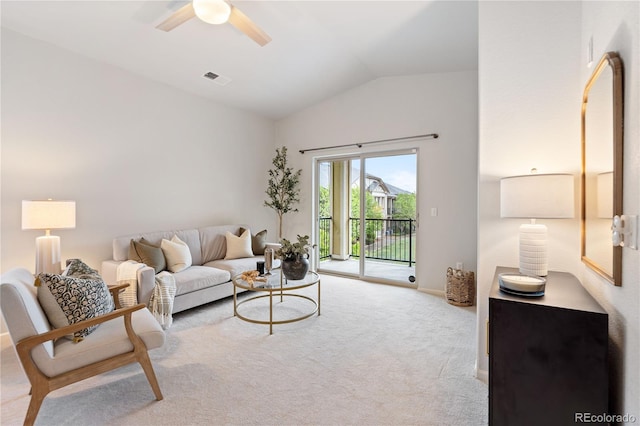 11364 Xavier Dr Unit 205, Westminster, CO 80031 - carpeted living area featuring visible vents, baseboards, ceiling fan, and lofted ceiling