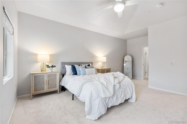 11364 Xavier Dr Unit 205, Westminster, CO 80031 - bedroom featuring baseboards, ceiling fan, vaulted ceiling, and light colored carpet