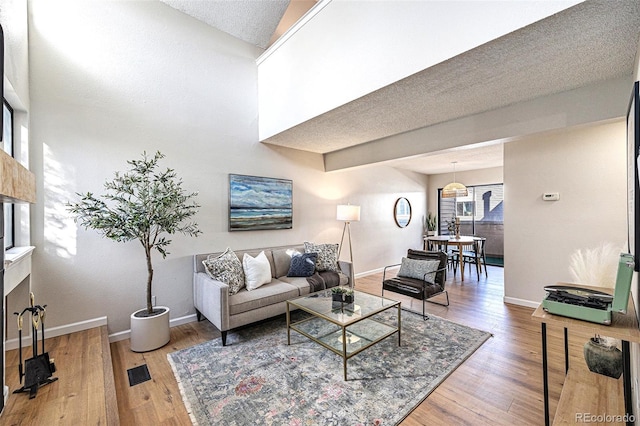 living room featuring hardwood / wood-style floors and a textured ceiling