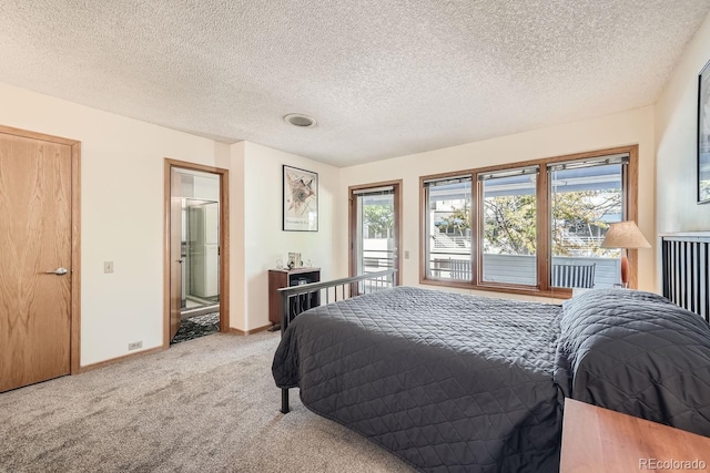 bedroom with baseboards, access to outside, a textured ceiling, and light colored carpet