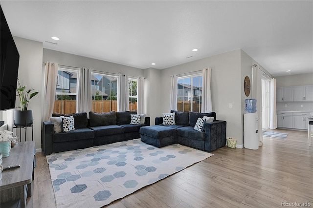 living room with light hardwood / wood-style flooring