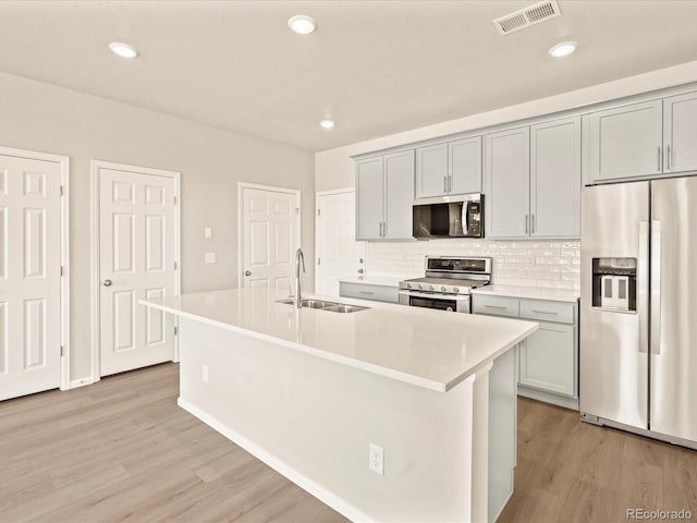 kitchen with sink, light hardwood / wood-style flooring, stainless steel appliances, a kitchen island with sink, and decorative backsplash