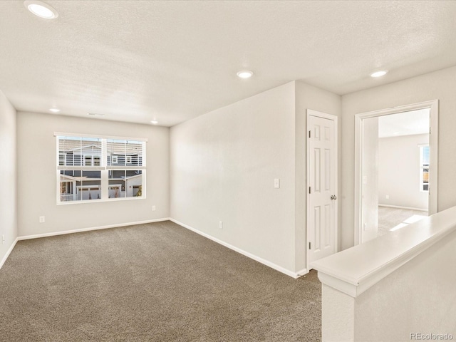 empty room with plenty of natural light, carpet flooring, and a textured ceiling