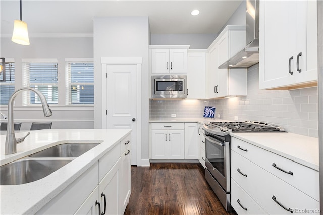 8768 E 54th Pl, Denver, CO 80238 - kitchen featuring stainless steel appliances, a sink, wall chimney exhaust hood, dark wood-style flooring, and white cabinets