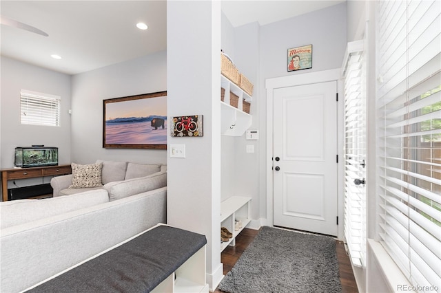8768 E 54th Pl, Denver, CO 80238 - mudroom featuring dark wood finished floors, recessed lighting, a ceiling fan, and baseboards