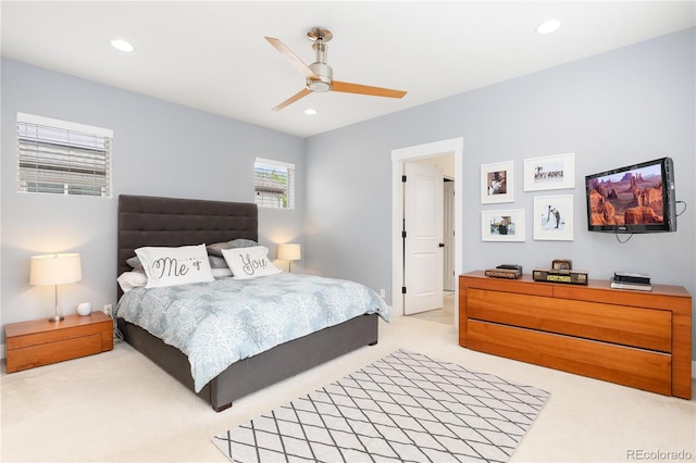 8768 E 54th Pl, Denver, CO 80238 - bedroom featuring light colored carpet, recessed lighting, and ceiling fan