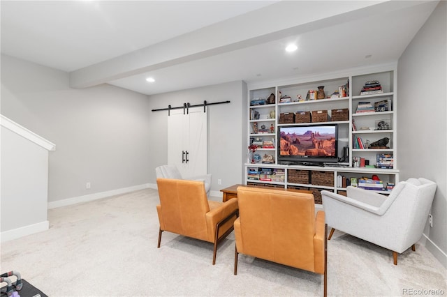 8768 E 54th Pl, Denver, CO 80238 - living room featuring a barn door, light colored carpet, baseboards, recessed lighting, and beamed ceiling