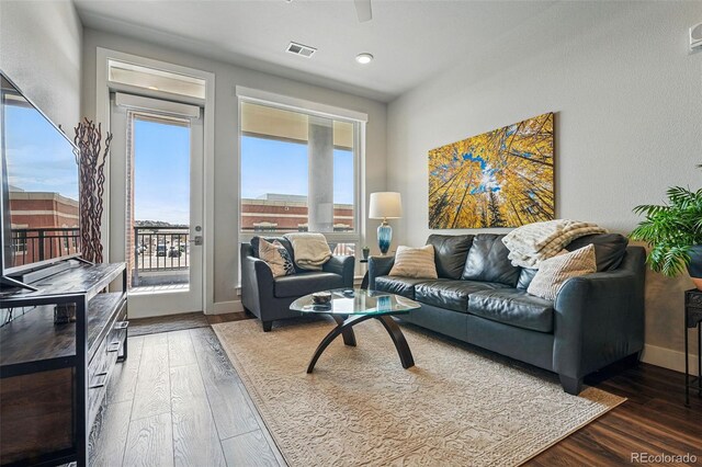 20 Wilcox St Unit 208, Castle Rock, CO 80104 - living area with wood finished floors, recessed lighting, and a ceiling fan