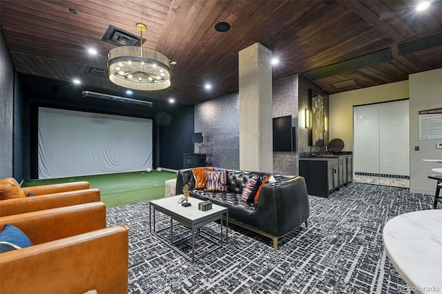 20 Wilcox St Unit 208, Castle Rock, CO 80104 - home theater with wood ceiling, dark carpet, and recessed lighting