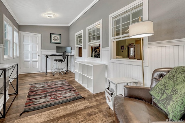 home office featuring lofted ceiling, crown molding, and dark hardwood / wood-style floors