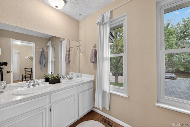 3070 W Enchanted Cir, Colorado Springs, CO 80917 - full bath with double vanity, baseboards, a textured ceiling, and wood finished floors