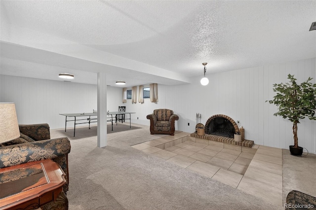 3070 W Enchanted Cir, Colorado Springs, CO 80917 - carpeted living room with a brick fireplace and a textured ceiling