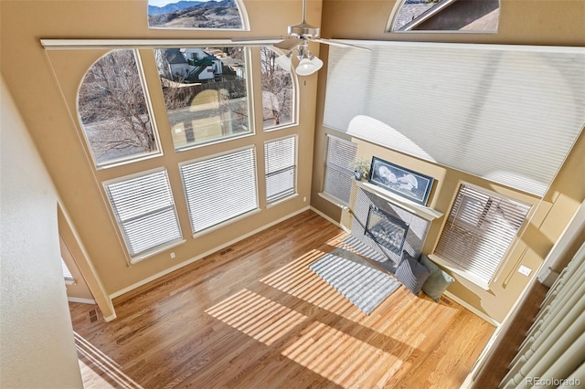 living room with hardwood / wood-style floors and ceiling fan