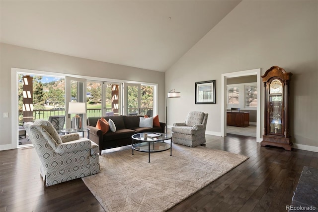 living room with high vaulted ceiling and dark hardwood / wood-style flooring