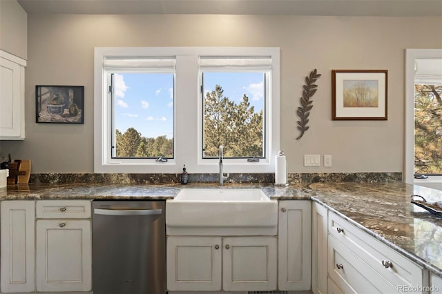 kitchen featuring white cabinets, stainless steel dishwasher, and plenty of natural light