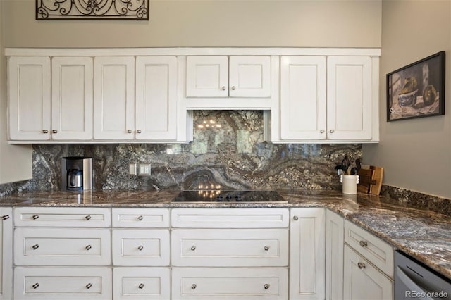 kitchen featuring white cabinetry, dark stone countertops, dishwasher, and black electric cooktop