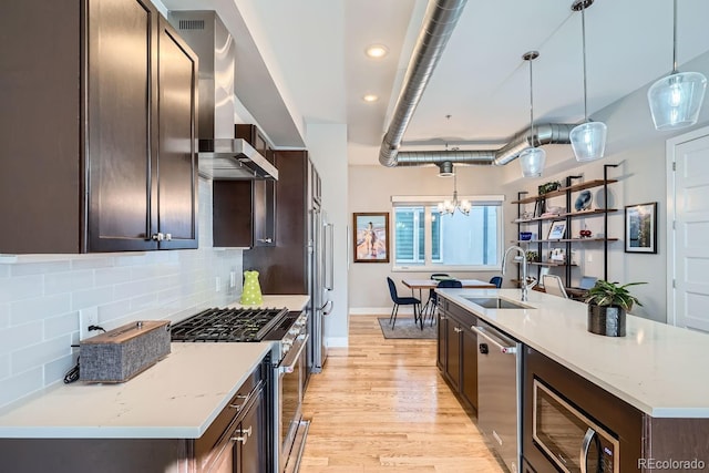 kitchen with stainless steel appliances, a sink, dark brown cabinets, wall chimney range hood, and backsplash