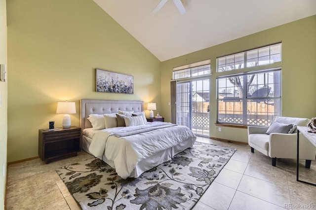 bedroom featuring high vaulted ceiling, access to outside, baseboards, and light tile patterned floors