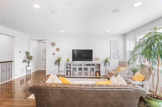 living room with dark wood-type flooring