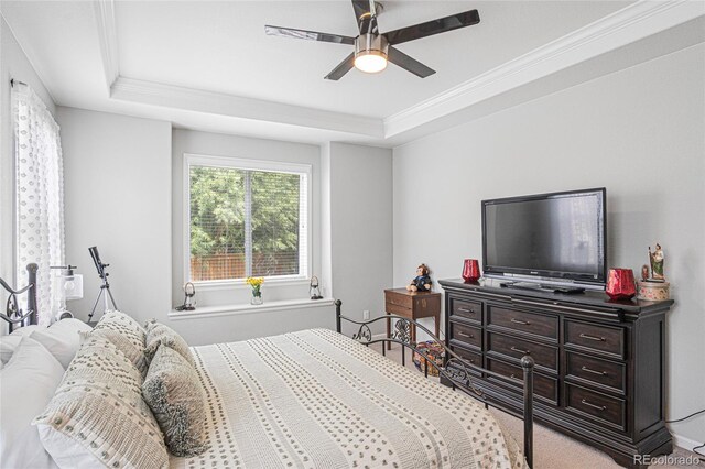 bedroom with ornamental molding, a raised ceiling, ceiling fan, and carpet flooring