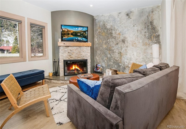living room featuring wood finished floors and a fireplace