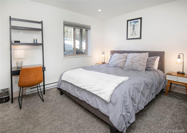 bedroom featuring a baseboard radiator, carpet flooring, and recessed lighting