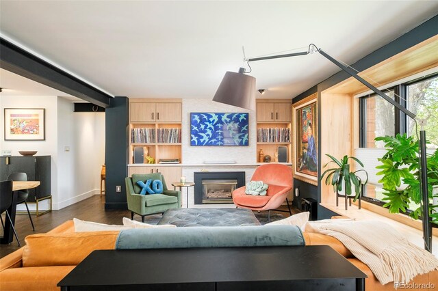 living room featuring baseboards, wood finished floors, and a large fireplace