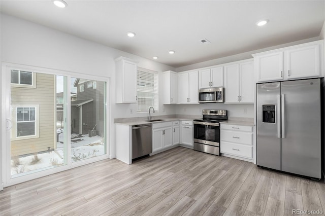 kitchen featuring white cabinetry, appliances with stainless steel finishes, sink, and light hardwood / wood-style floors