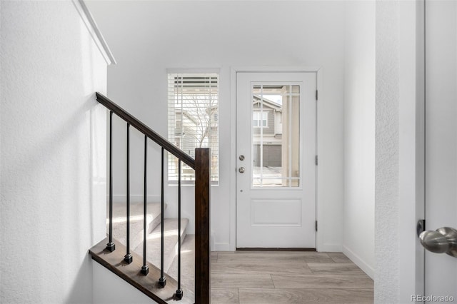 foyer with a healthy amount of sunlight and light hardwood / wood-style floors