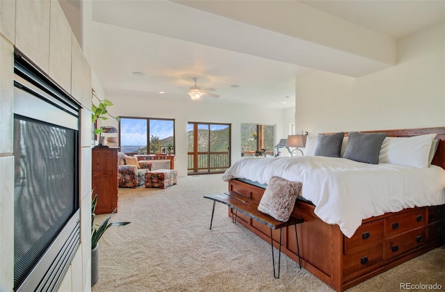 bedroom featuring recessed lighting, carpet flooring, and ceiling fan