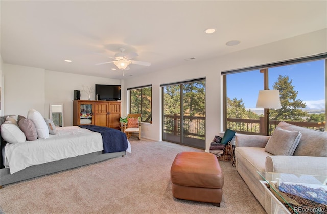 bedroom featuring ceiling fan, recessed lighting, carpet floors, and access to exterior