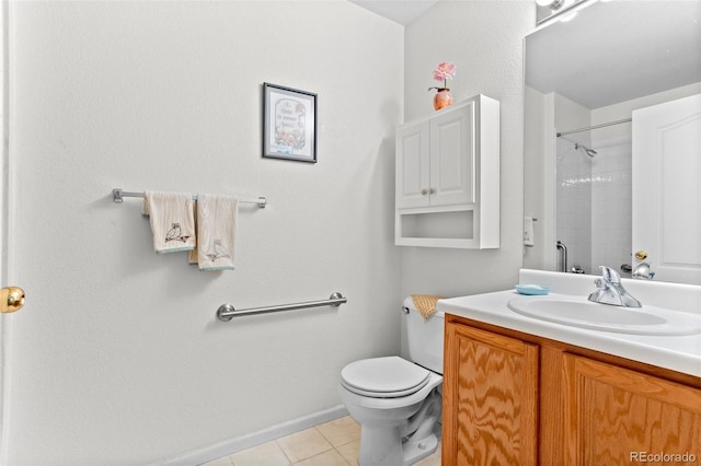 bathroom featuring a shower, baseboards, toilet, tile patterned floors, and vanity