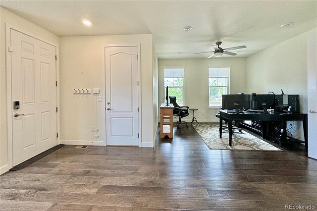 foyer with ceiling fan and hardwood / wood-style flooring