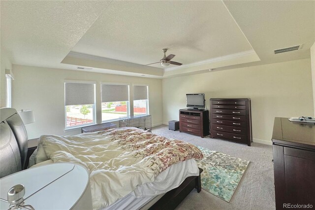 carpeted bedroom with a tray ceiling, ceiling fan, and a textured ceiling