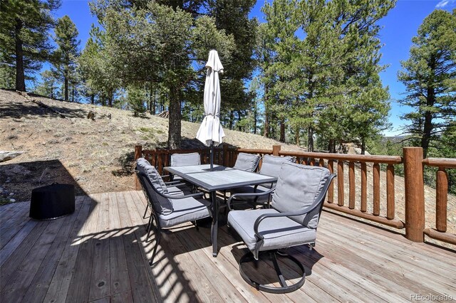 320 Summit Rd, Woodland Park, CO 80863 - wooden deck featuring outdoor dining space