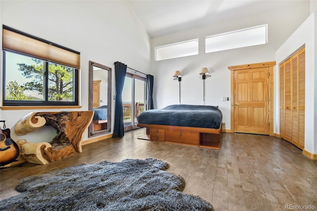 320 Summit Rd, Woodland Park, CO 80863 - bedroom with access to exterior, high vaulted ceiling, wood finished floors, and baseboards