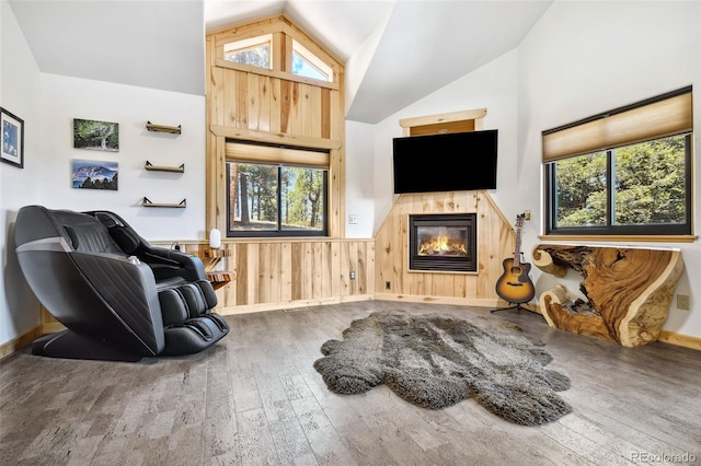 320 Summit Rd, Woodland Park, CO 80863 - living area with hardwood / wood-style flooring, vaulted ceiling, a glass covered fireplace, a wainscoted wall, and healthy amount of natural light