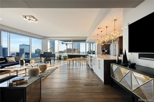 interior space with a city view, dark wood-type flooring, a sink, open floor plan, and hanging light fixtures