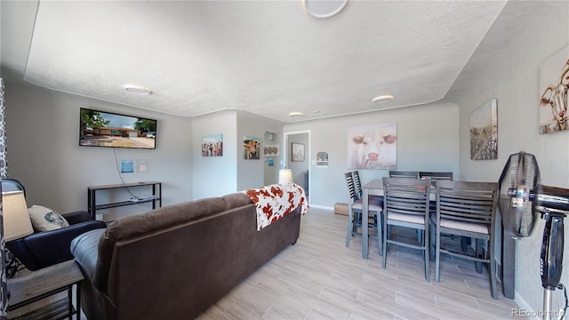 living room with light hardwood / wood-style flooring and a textured ceiling