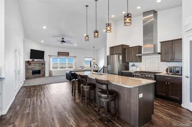 kitchen with sink, appliances with stainless steel finishes, ventilation hood, and an island with sink