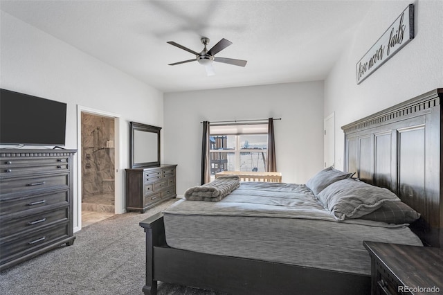 bedroom featuring ensuite bathroom, ceiling fan, and light carpet