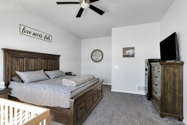 bedroom featuring ceiling fan and carpet floors