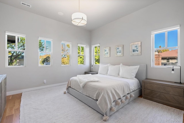 bedroom featuring light wood-type flooring and multiple windows