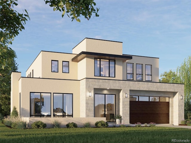 back of property featuring a garage, stucco siding, and brick siding