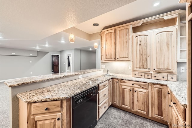 kitchen with a peninsula, light brown cabinets, light stone countertops, a sink, and dishwasher