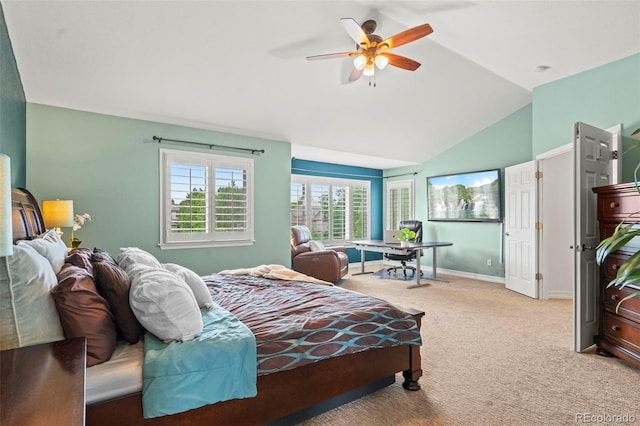 9468 E Aspen Hill Ln, Lone Tree, CO 80124 - bedroom with lofted ceiling, carpet floors, an office area, and a ceiling fan