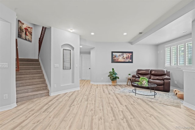 9468 E Aspen Hill Ln, Lone Tree, CO 80124 - living room with wood finished floors, stairway, and recessed lighting