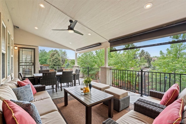 9468 E Aspen Hill Ln, Lone Tree, CO 80124 - patio / terrace with outdoor lounge area, ceiling fan, outdoor dining space, and view of scattered trees